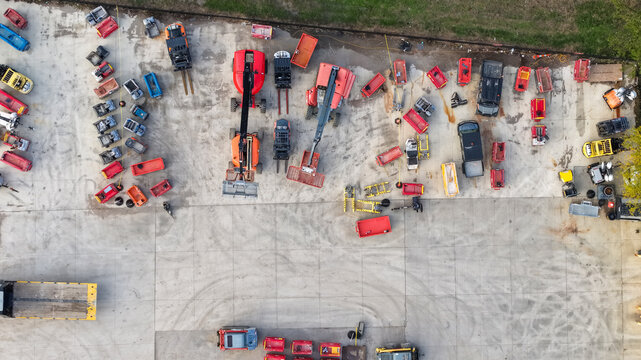 Aerial view industrial construction equipment yard
