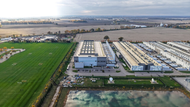 Aerial view of a hyperscale data center complex.
