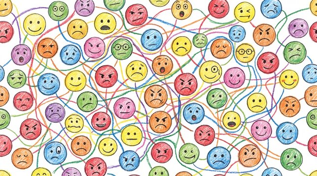 Hand drawn seamless pattern of crayon faces with various emotions connected by colored lines