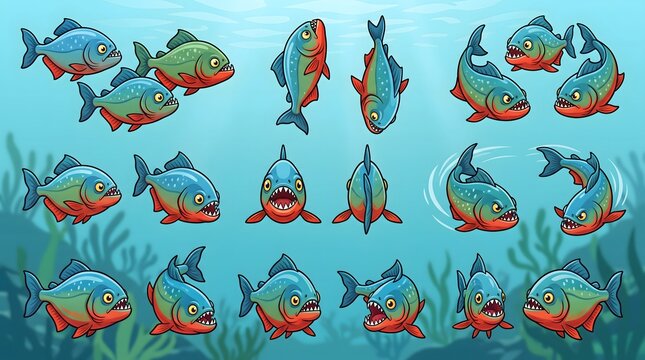 Piranha cartoon fish collection swimming in various underwater poses