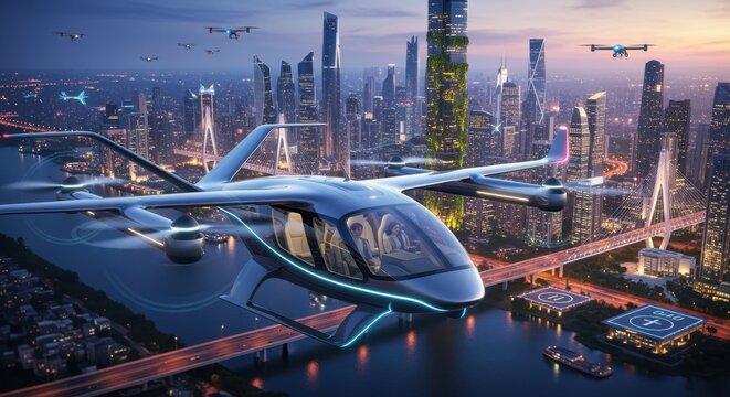 Elevated urban transportation scene with sleek eVTOL aircraft and futuristic cityscape horizon.