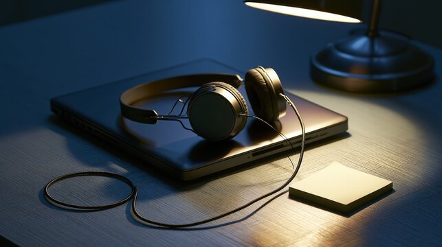 Remote work still life with a headset and notebook waiting on a quiet desk