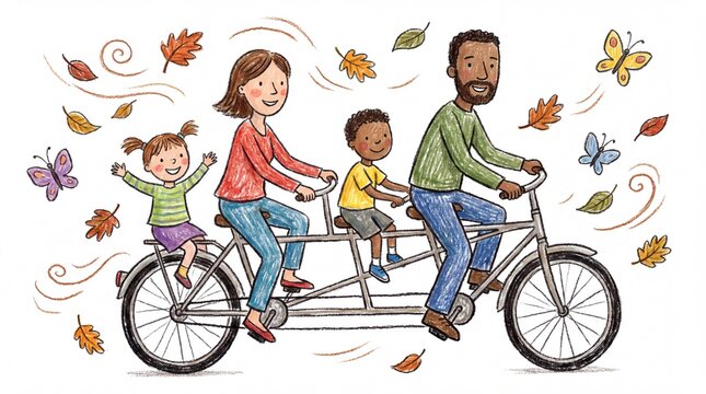 Diverse family riding multi-seat bicycle colored pencil illustration for eco-friendly transport