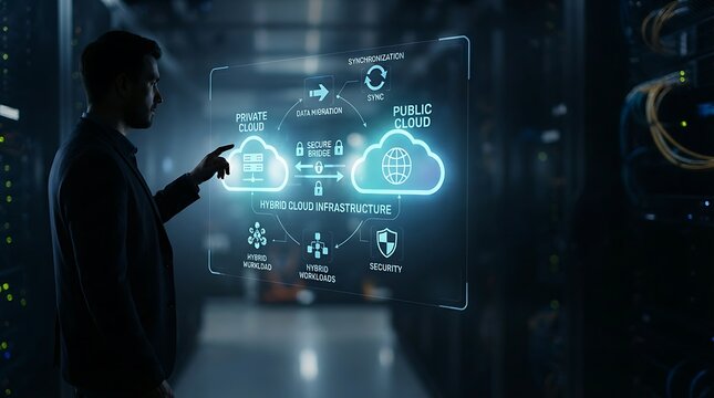 IT architect interacting with holographic hybrid cloud architecture interface for enterprise multi-environment cloud infrastructure management and digital workload optimization solutions.