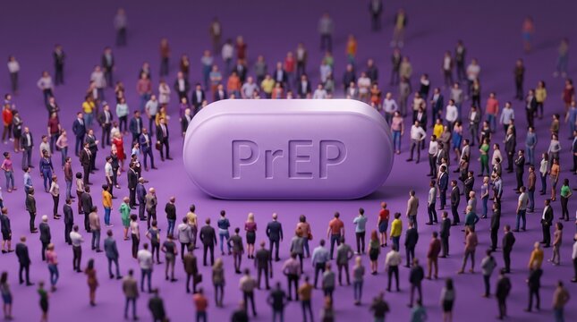 Large Crowd of Miniature People Standing Around a Big Purple Pill Engraved with PrEP Text for HIV Prevention Awareness Concept