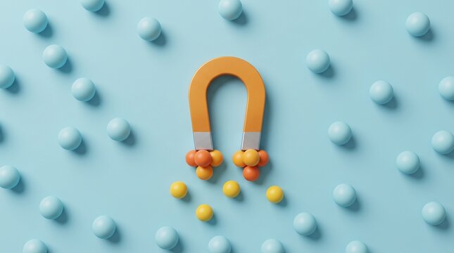 Horseshoe Magnet Attracting Small Balls on Light Blue Background Minimalist Concept