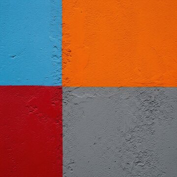 Textured concrete wall surface divided into four geometric color blocks including blue, orange, red, and grey quadrants with a rough painted finish and urban abstract background.