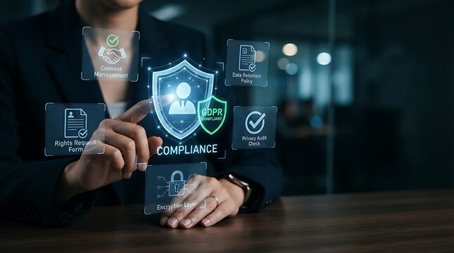 Compliance professional interacting with holographic data privacy shield interface for enterprise GDPR compliance management and digital personal data protection solutions.