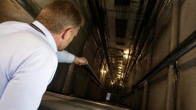 Professional Maintenance Engineer Inspecting Deep Elevator Shaft in Industrial Building