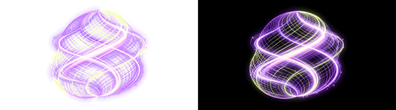 Retro grid sphere with spiraling neon ribbon warp light effect cutout with real transparency