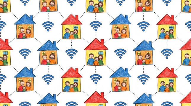 Hand-drawn illustration of families in connected houses with symbols for neighborhood network