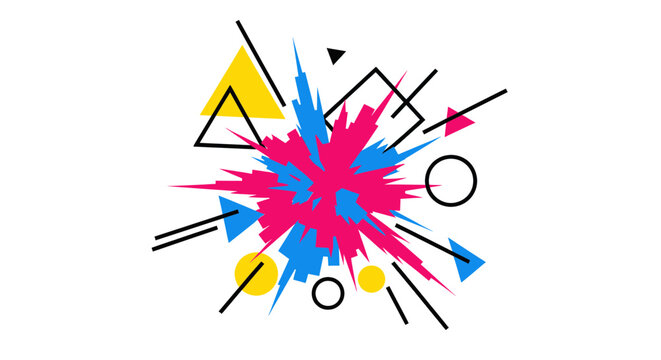 Dynamic geometric explosion with vibrant paint splashes, sharp triangles, circles and outlined shapes, concept for modern creative energy, ideal for party poster, cover art and branding design