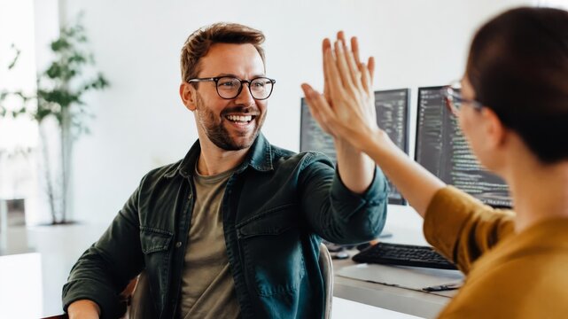 Successful software developers giving high five celebrating achievement in modern tech office