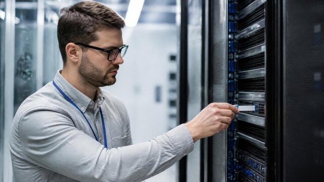 Professional IT Technician Working with Network Cables on Server Rack in Modern Data Center