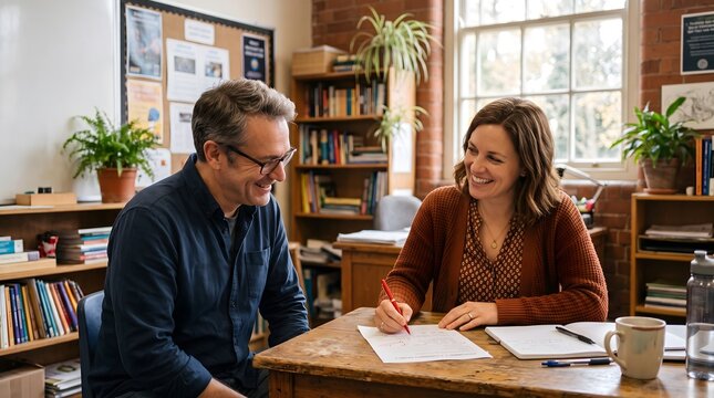 Two colleagues collaborating on paperwork in modern casual office with colleagues collaboration business discussion paperwork teamwork
