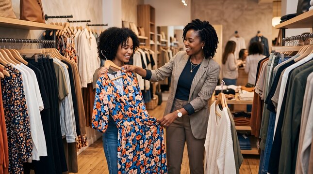 Friendly female boutique owner helping customer choose dress in clothing store with boutique shopping customer clothing lifestyle