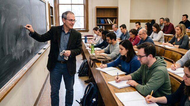 University professor lecturing and writing on blackboard in college classroom with professor classroom university education teaching