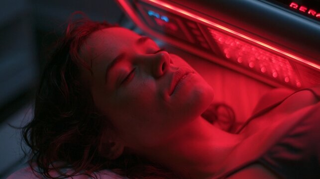 Red light therapy device shining on person face wellness tech