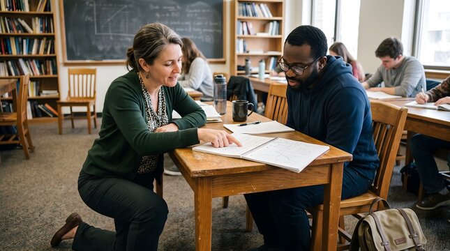 Teacher assisting university student during small group study session in library with education university learning academic classroom