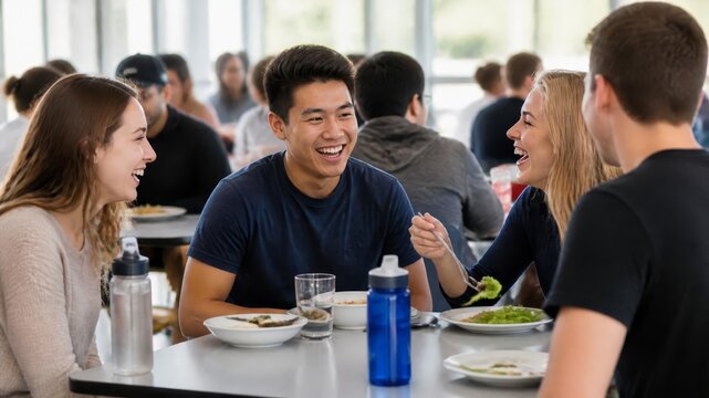 Happy Diverse Group of University Students Smiling and Having Lunch Together in Modern College Cafeteria
