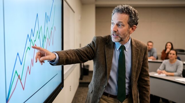 Business instructor explaining market trend data charts to students with business instructor teaching presentation education analysis