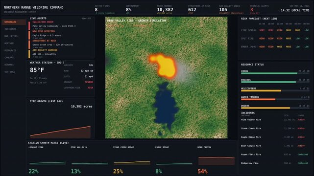 Fictional wildfire incident command dashboard screen animation tracking fire growth simulation, live weather alerts, and emergency resource management. Landscape generated programmatically.