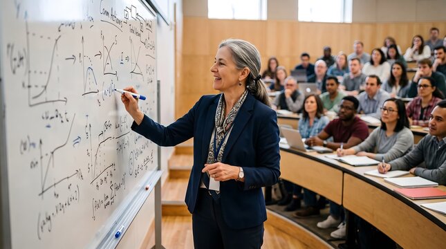 Professor giving a lecture at a university while writing on a whiteboard with professor lecturer university education classroom