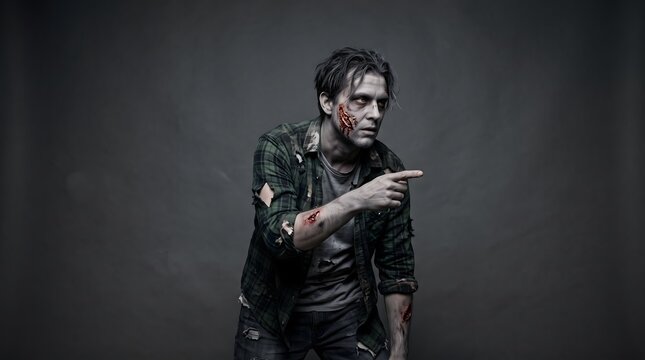 Aggressive man in tattered clothes with bloody face pointing finger in dramatic studio lighting aggressive pointing halloween darkness