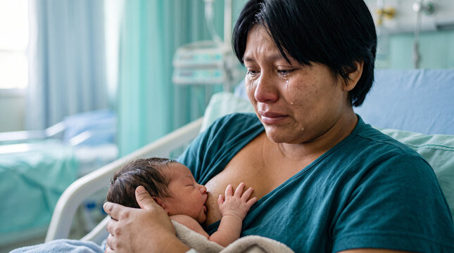 Mother breastfeeding crying newborn baby