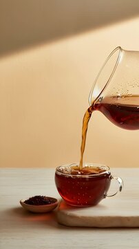 Rooibos Tea Pouring Into Glass Cup in Warm Morning Sunlight