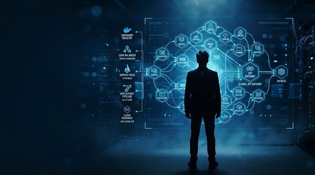 Cloud architect standing before holographic microservices architecture interface for enterprise container management and digital API gateway development solutions.