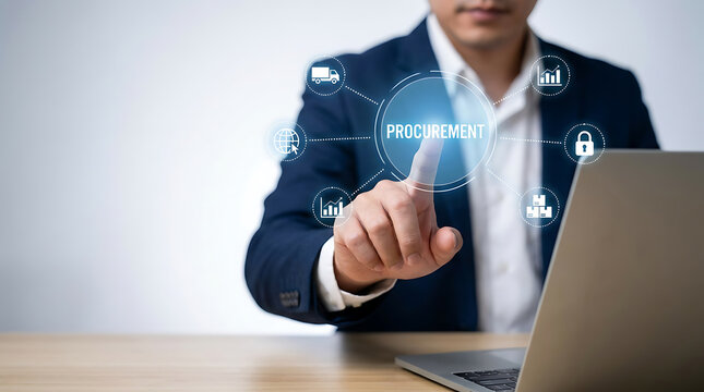 Businessman interacting with a digital procurement interface on a laptop, representing supply chain management, logistics, and global business operations.