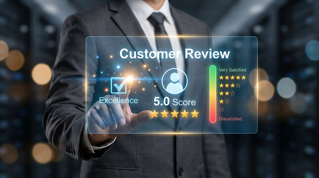 Businessman touching a digital interface with customer review icons and a five star rating scale, representing excellence in service and quality feedback.