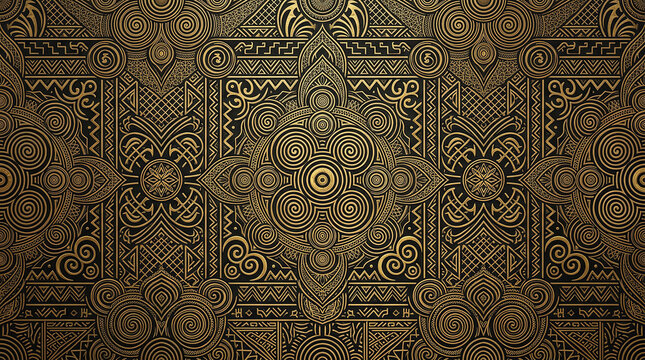 golden african adinkra seamless pattern with swirling motifs and geometric designs.