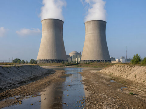 Nuclear Power Plant Cooling Towers With Critically Low Water Level During Drought