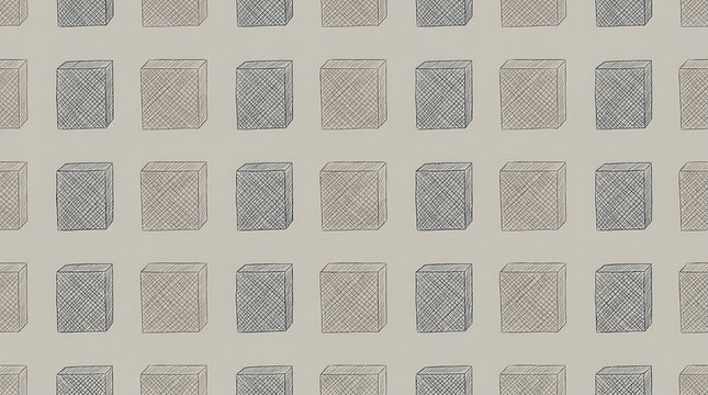 Seamless pattern of hand-drawn cubes in a sketch style. Geometric square shapes with cross-hatch shading in a simple repeat layout.
