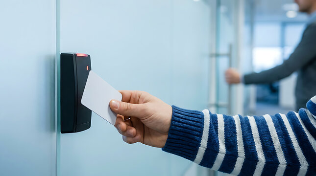 Person using a white access card on a digital scanner, representing office building security, entry control and employee identification.