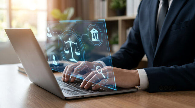Businessman using a laptop with digital legal icons, representing legal technology, law practice, and online justice services.