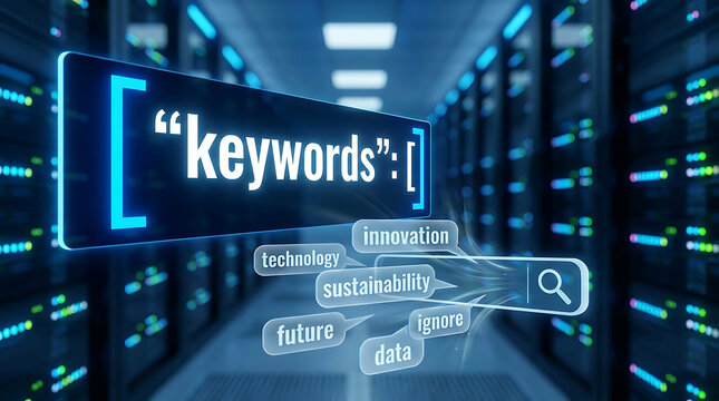 Search bar with digital tags and metadata keywords floating in a server room, representing data management, information architecture and seo strategy.