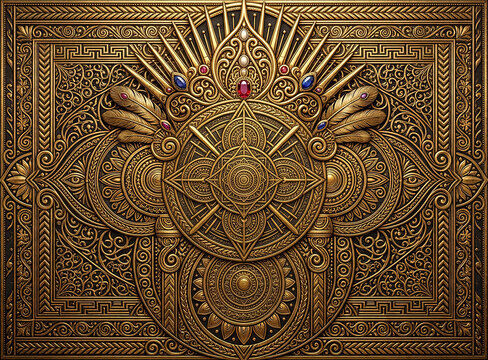 Opulent gold relief with feathers and gemstones, decorative ancient pattern for luxury backgrounds and ornate applications.
