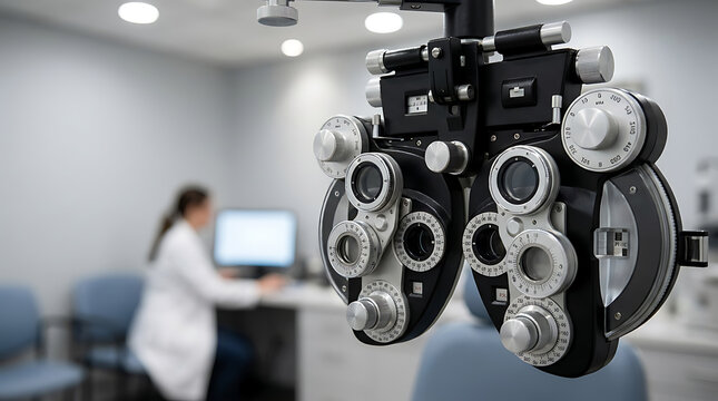 Phoropter exam device in an optometrist office with a blurry doctor working on a computer in the background, representing eye care and vision testing.