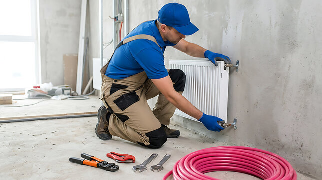 Plumber installing a white central heating radiator in an apartment, representing home renovation, heating system maintenance and pipe repair services.