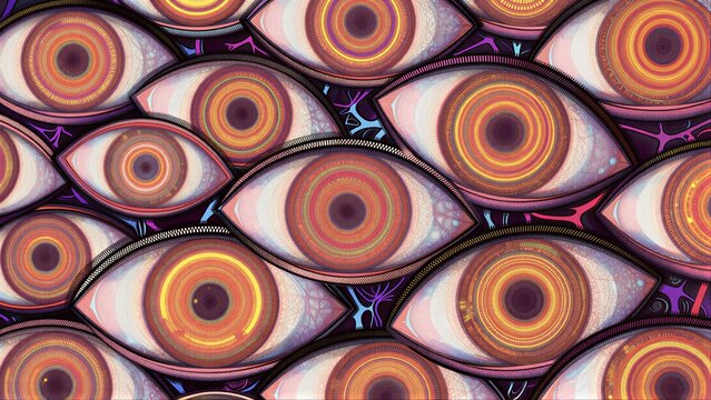 Vibrant, psychedelic eyes in warm hues dominate a hypnotic, repeating pattern.