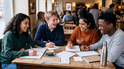 Fototapeta premium College students studying together at cafe table