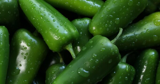 Fresh jalapeno peppers with water drops as background, rotating