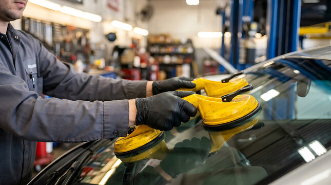 Mechanic using a glass suction lifter to install a car windshield, representing auto repair and automotive maintenance services.