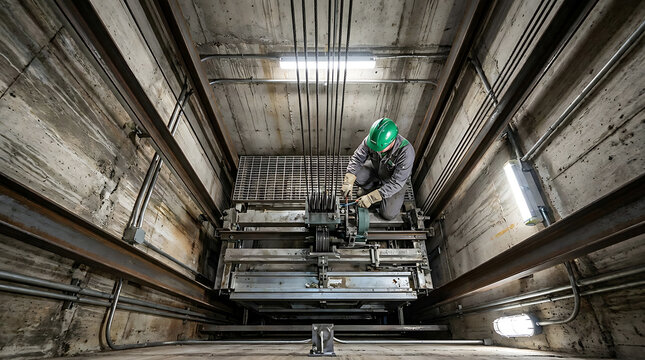 Elevator technician working on top of an elevator car, maintaining steel cables and pulleys in a concrete shaft, representing industrial maintenance and safety inspection.