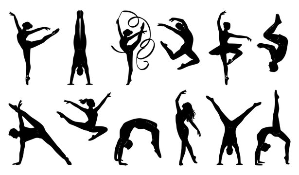 Gymnastics and contemporary dance silhouette set with acrobatic poses and athlete vector collection
