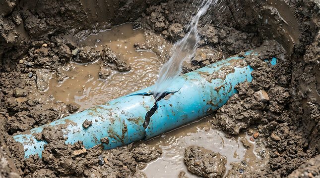 Water spraying from a cracked blue plastic pipe buried in wet mud, representing plumbing repair and infrastructure maintenance.