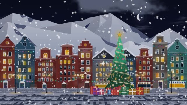 Decorated Christmas tree and colorful buildings, day to night time lapse cartoon animation of a snowy European town square during Xmas